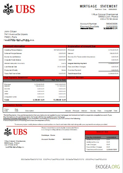 France Relevé hypothécaire de la banque UBS scr